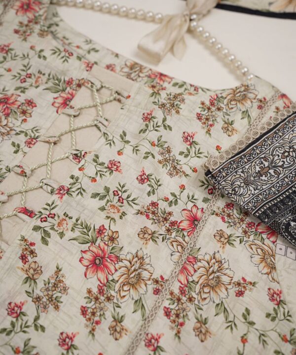 3-Piece Stitched Linen Suit – Ivory Base with Floral Print and Contrasting Dupatta