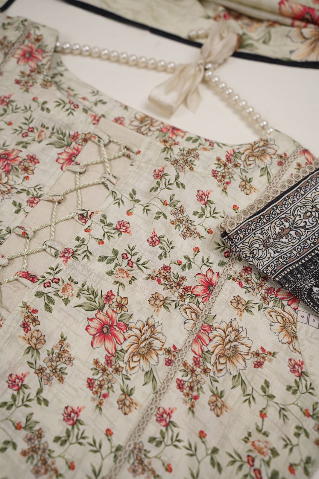 3-Piece Stitched Linen Suit – Ivory Base with Floral Print and Contrasting Dupatta