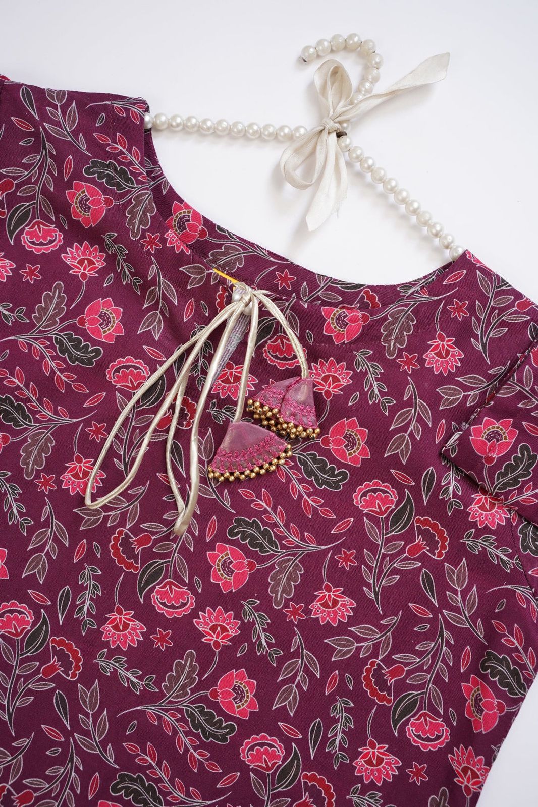 2-Piece Stitched Khaddar Suit – Plum Purple Floral Print with Delicate Tassel Ties