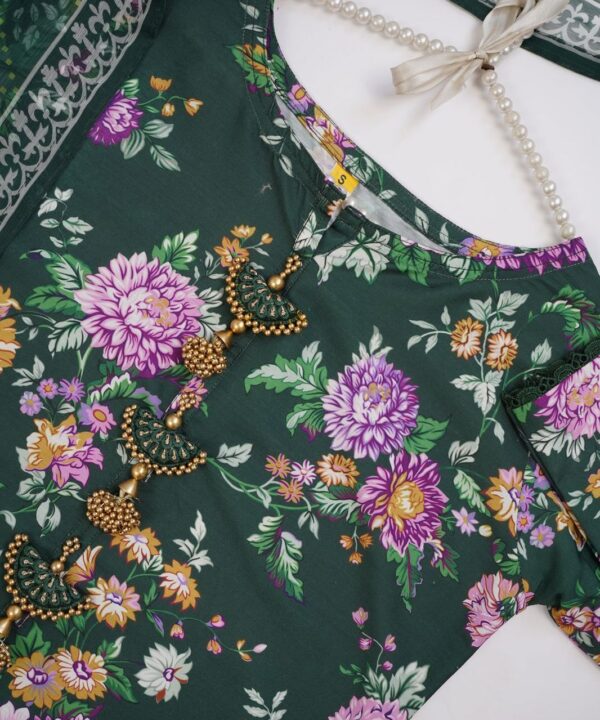 3-Piece Stitched Linen Suit – Deep Green Floral Print with Elegant Tassel Detailing