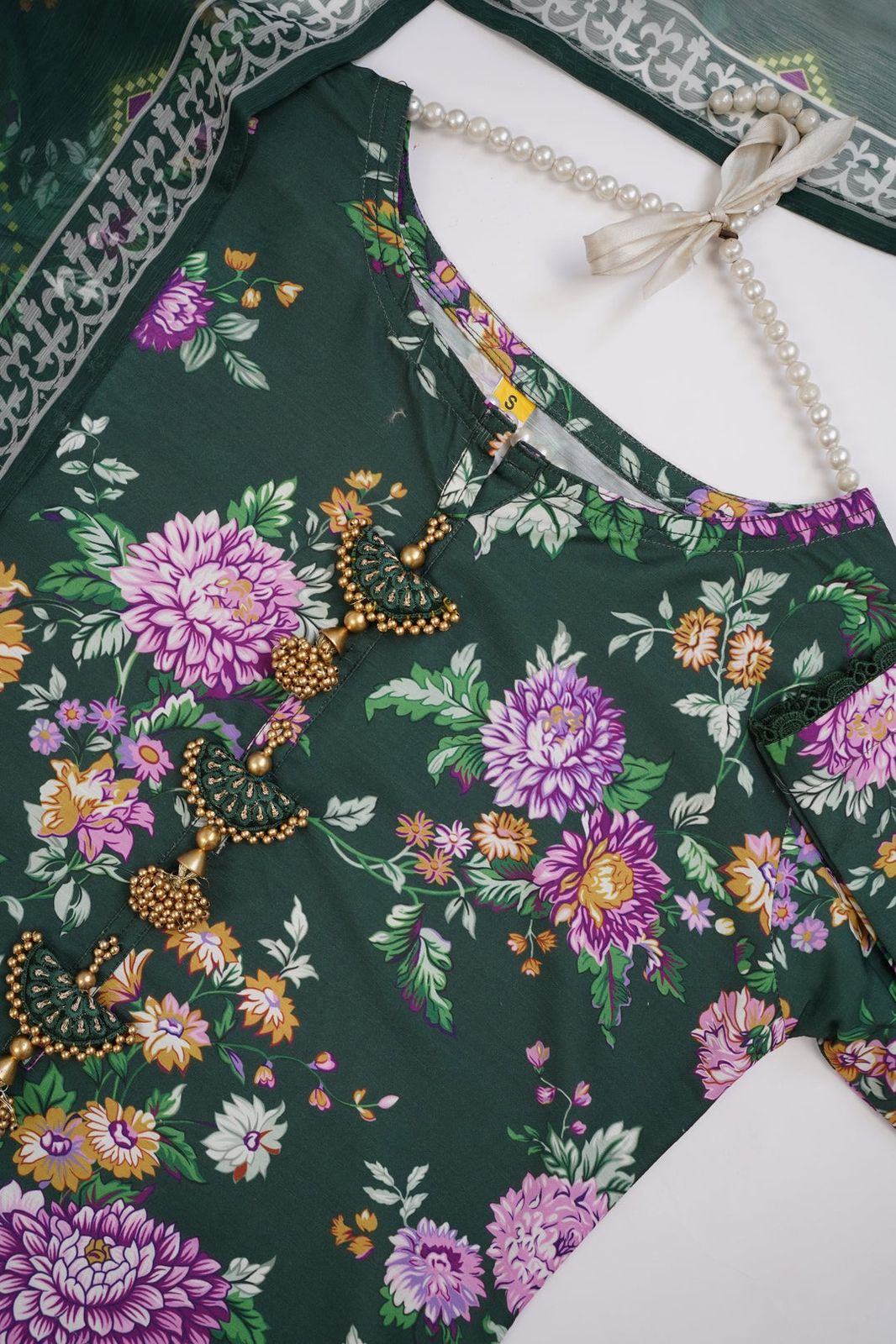 3-Piece Stitched Linen Suit – Deep Green Floral Print with Elegant Tassel Detailing