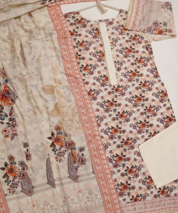 3-Piece Stitched Linen Suit – Soft Beige Base with Blush Floral Prints and Lace Detailing