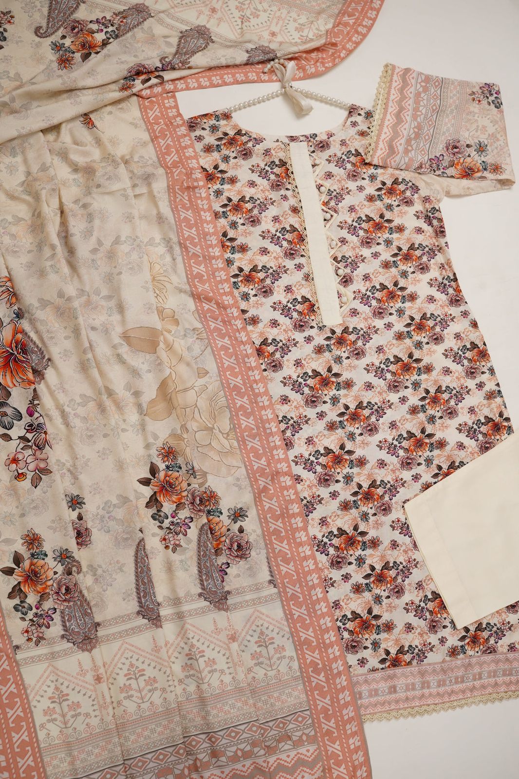 3-Piece Stitched Linen Suit – Soft Beige Base with Blush Floral Prints and Lace Detailing